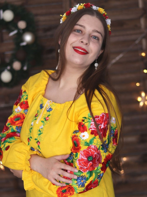 Yellow embroidered linen blouse