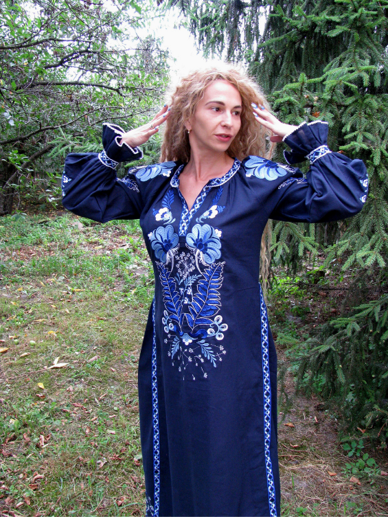 Blue embroidered linen dress