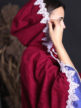 Burgundy hooded capelet with lace