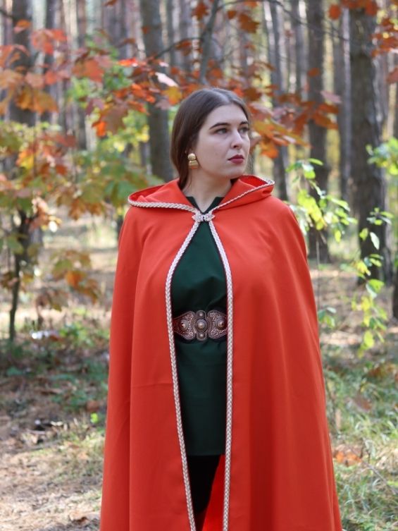 Red fantasy cloak with golden trim