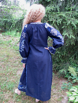 Blue embroidered linen dress