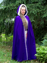 Purple hooded cape with white fur