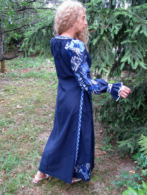 Blue embroidered linen dress