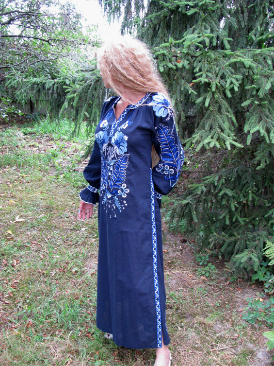 Blue embroidered linen dress