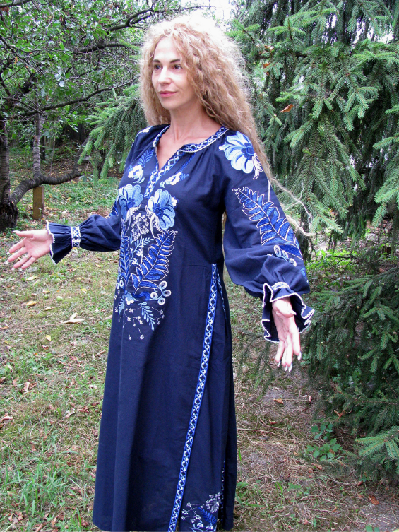 Blue embroidered linen dress