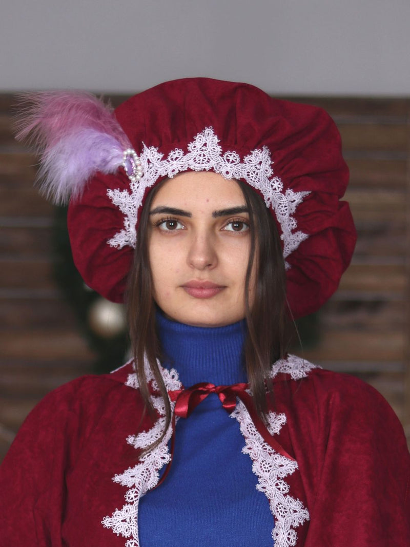 Burgundy beret with pink feathers