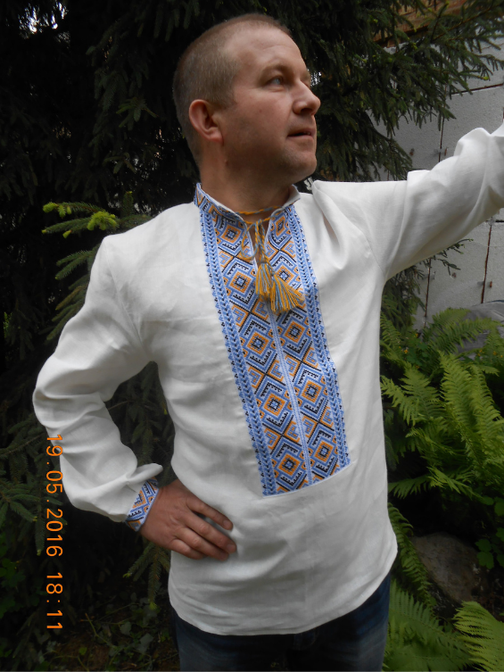 Blue and yellow hand embroidered shirt