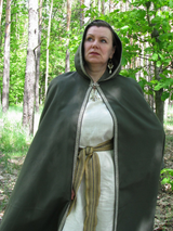 Green hooded cloak with braided trim