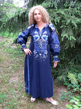 Blue embroidered linen dress