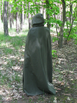 Green hooded cloak with braided trim