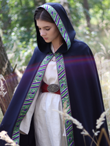 Blue Medieval hooded cape with green trim