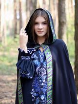 Blue Medieval hooded cape with green trim