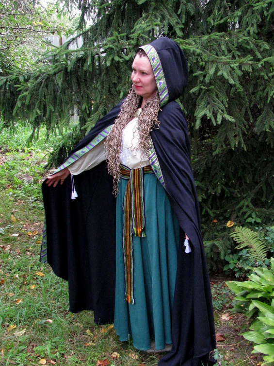 Blue Medieval hooded cape with green trim