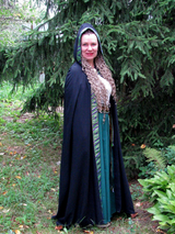 Blue Medieval hooded cape with green trim