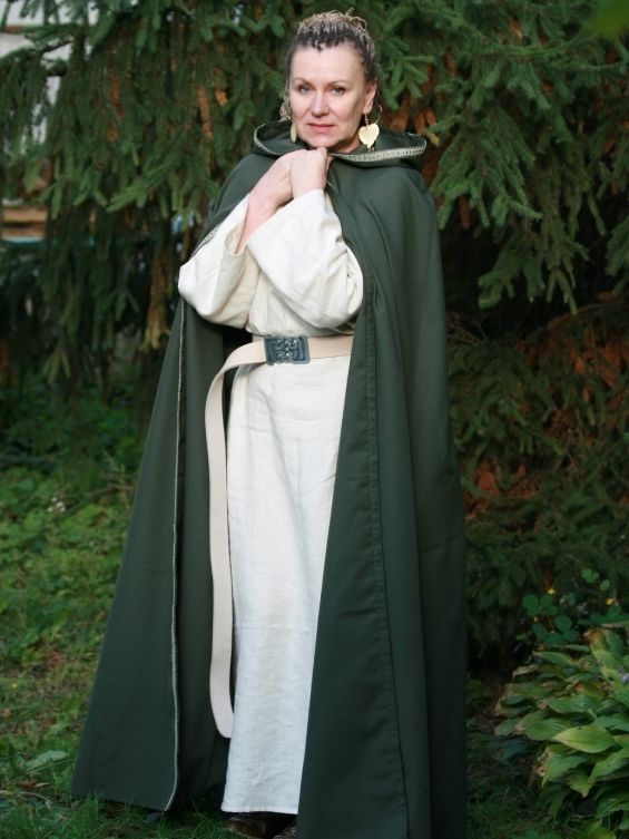 Green hooded cloak with braided trim