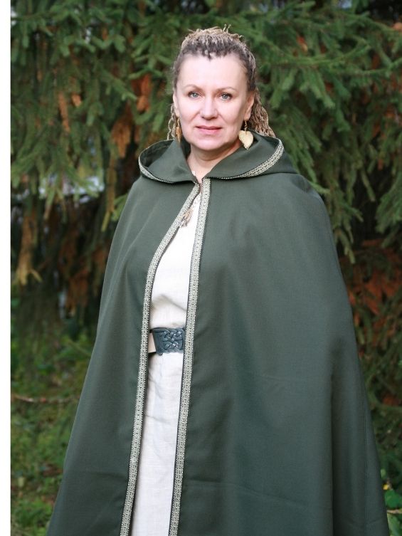 Green hooded cloak with braided trim