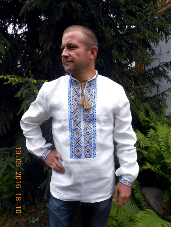 Blue and yellow hand embroidered shirt