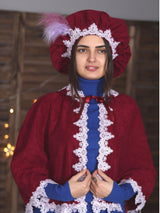 Burgundy beret with pink feathers