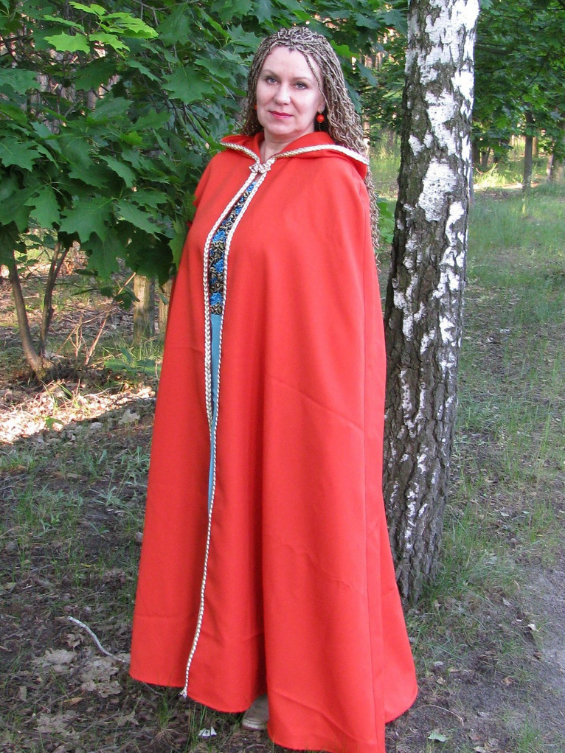 Red fantasy cloak with golden trim