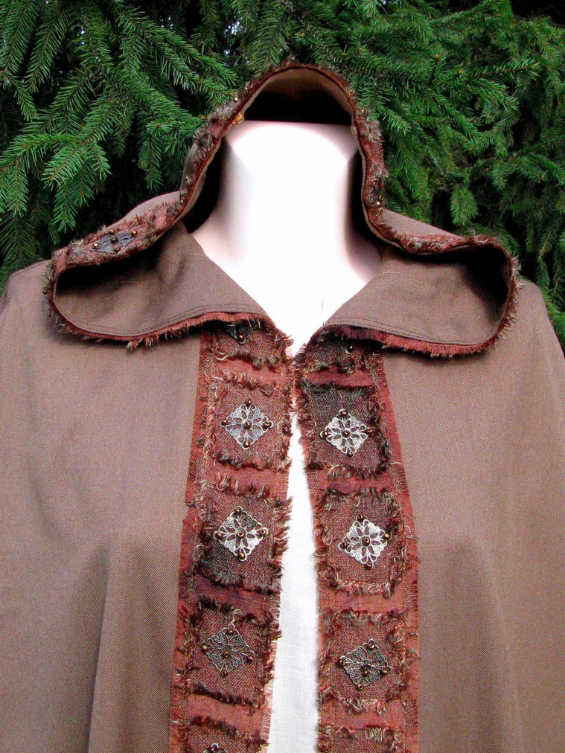 Brown hooded cloak with braid