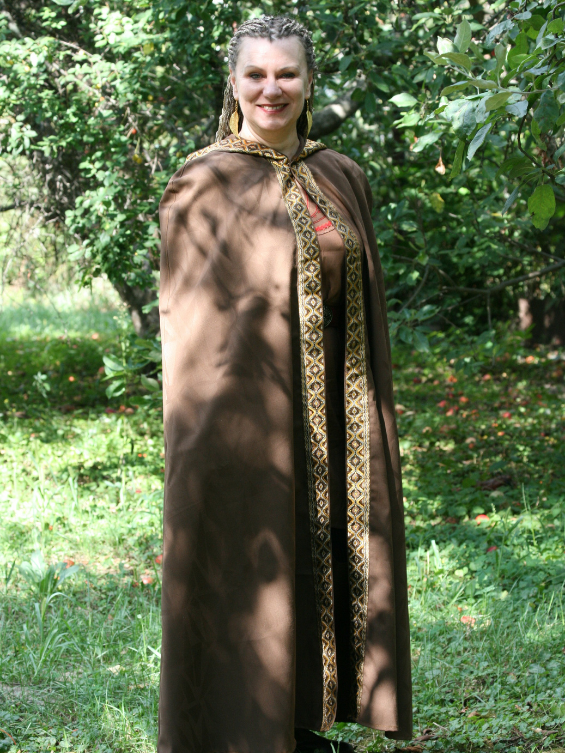 Brown hooded cloak with golden trim