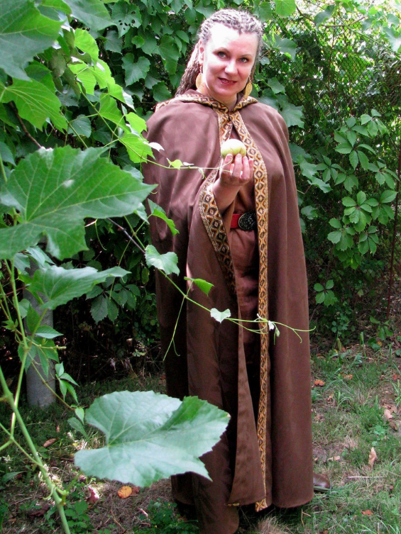 Brown hooded cloak with golden trim