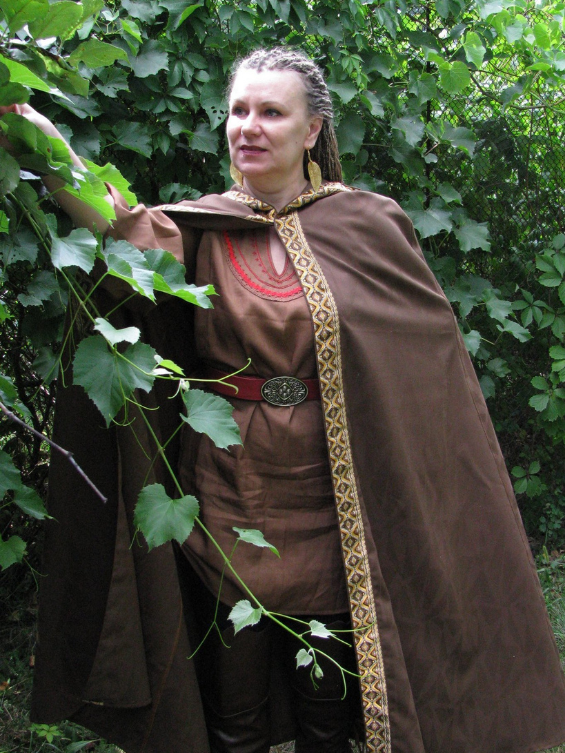 Brown hooded cloak with golden trim