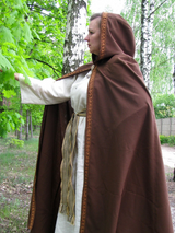 Brown hooded cloak with leather braid trim