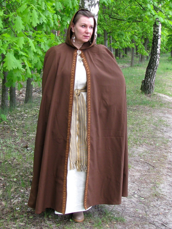 Brown hooded cloak with leather braid trim