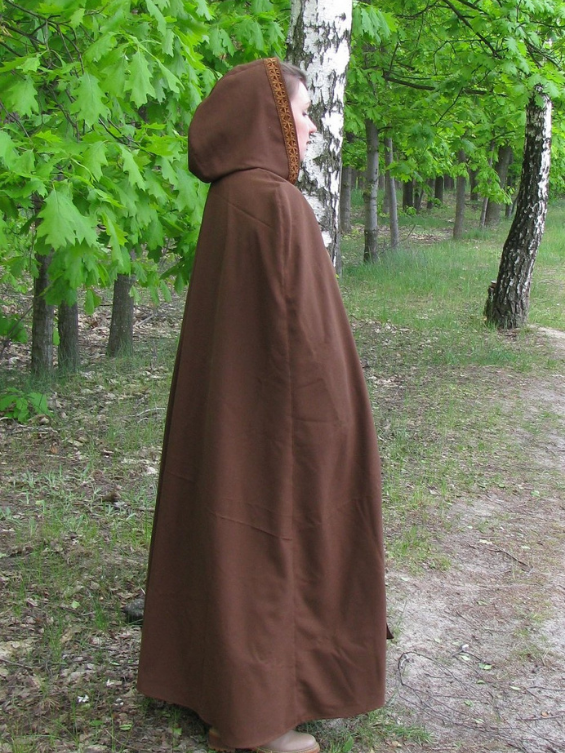 Brown hooded cloak with leather braid trim