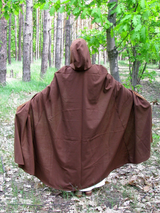 Brown hooded cloak with leather braid trim