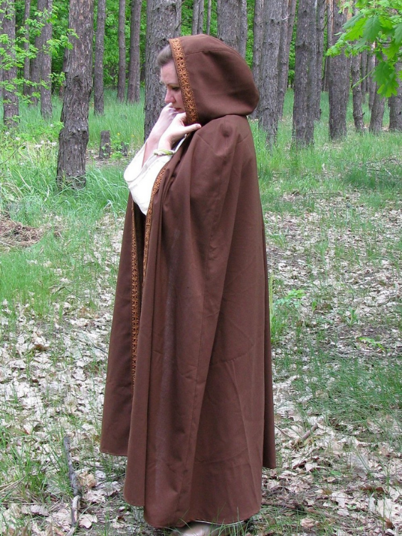 Brown hooded cloak with leather braid trim