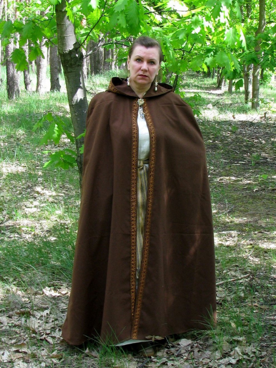 Brown hooded cloak with leather braid trim