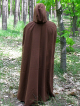 Brown hooded cloak with leather braid trim