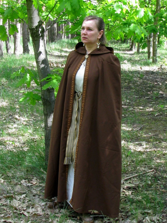 Brown hooded cloak with leather braid trim