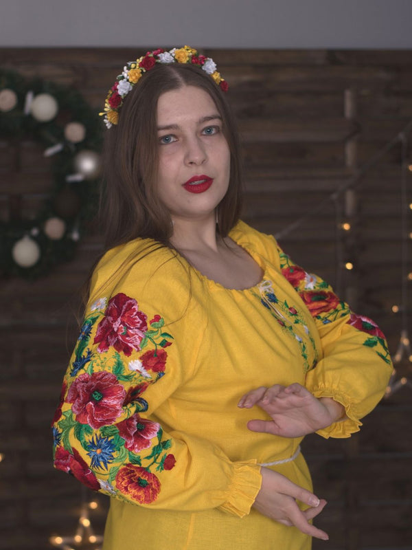 Yellow embroidered linen blouse