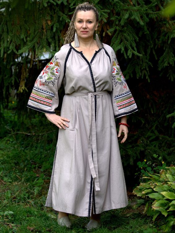 Beige embroidered linen dress